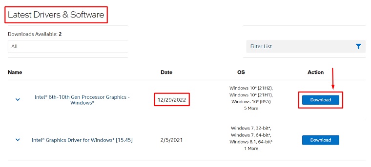 Click on the download button to update Intel GPU driver