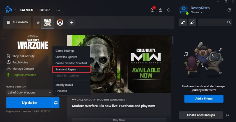 Scan and repair the game files on Battle.net