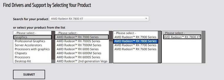 Use the product list to select your GPU model to update AMD driver