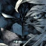 Batman and Hush's faces split in comic book cover art.