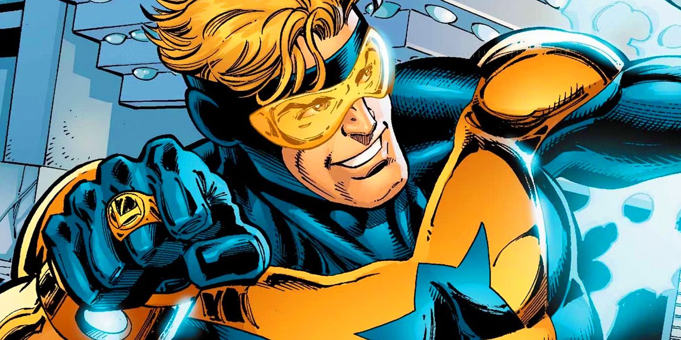 Comic book art: Booster Gold wears his gold-and-blue costume in DC Comics